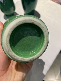 Four Chinese green-glazed vases and a brush washer, 19/20th C.