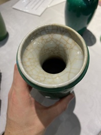 Four Chinese green-glazed vases and a brush washer, 19/20th C.