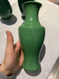 Four Chinese green-glazed vases and a brush washer, 19/20th C.
