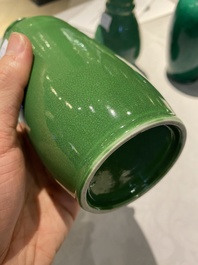 Four Chinese green-glazed vases and a brush washer, 19/20th C.