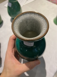 Four Chinese green-glazed vases and a brush washer, 19/20th C.
