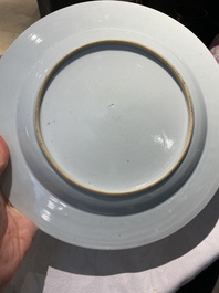 Four Chinese famille rose and verte plates and a dish, Kangxi and later