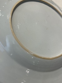 Four Chinese famille rose and verte plates and a dish, Kangxi and later