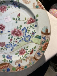 Four Chinese famille rose and verte plates and a dish, Kangxi and later