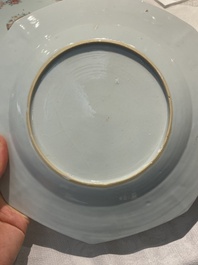 Four Chinese famille rose and verte plates and a dish, Kangxi and later