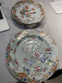 Four Chinese famille rose and verte plates and a dish, Kangxi and later
