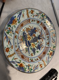Four Chinese famille rose and verte plates and a dish, Kangxi and later