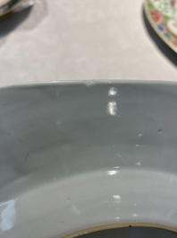 Four Chinese famille rose and verte plates and a dish, Kangxi and later