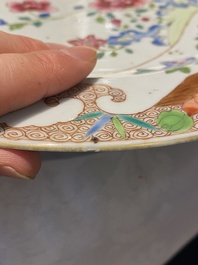 Four Chinese famille rose and verte plates and a dish, Kangxi and later