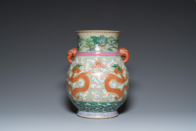 A large Chinese celadon-ground famille rose 'hu' vase with dragons, 19th C.