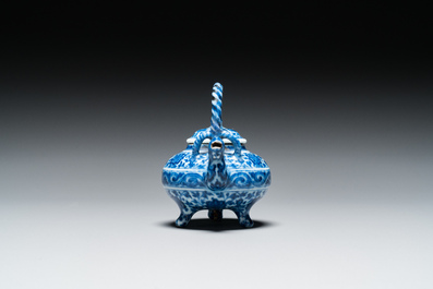 An unusual Chinese blue and white teapot and cover, Xuande mark, probably Qing