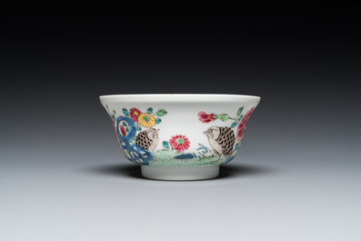 A Chinese famille rose semi-eggshell bowl with two quails, Yongzheng