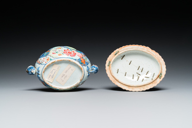 Een kleine Chinese famille rose terrine met decor van tabaksbladeren, Qianlong