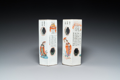Two Chinese hexagonal famille rose 'Wu Shuang Pu' hat stands, Tongzhi mark, 19th C.