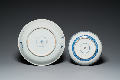 A Chinese blue and white 'peony scroll' dish and a famille verte dish, Kangxi