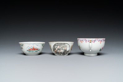 Drie Chinese exportporseleinen koppen en schotels, Qianlong