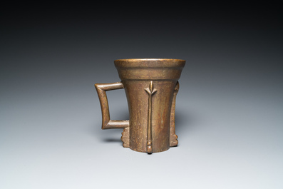 A large German bronze mortar and pestle, Nuremberg, 15th C.