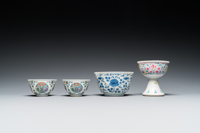 Un bol sur piedouche en porcelaine de Chine famille rose, un bol en bleu et blanc et une paire en doucai, Yongzheng et post&eacute;rieur