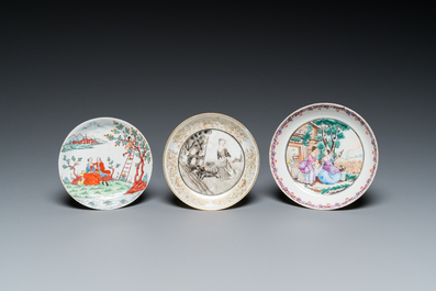 Drie Chinese exportporseleinen koppen en schotels, Qianlong