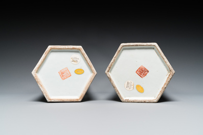 Two Chinese hexagonal famille rose 'Wu Shuang Pu' hat stands, Tongzhi mark, 19th C.