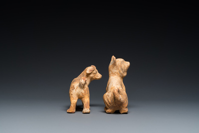 Deux mod&egrave;les de chiens en terre cuite polychrom&eacute;e de type 'mingqi', Chine, Han
