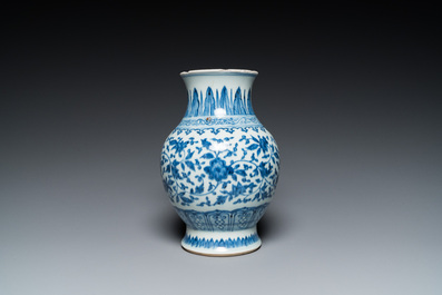 A Chinese blue and white Ming-style 'lotus scroll' vase, Qianlong