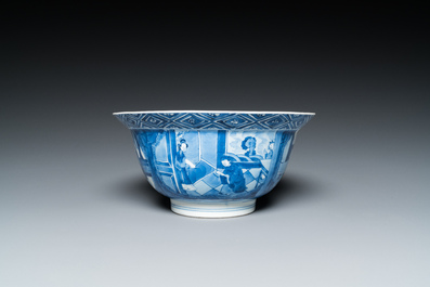 Een Chinese blauw-witte kom met verhalend decor, Kangxi merk en periode