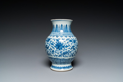 A Chinese blue and white Ming-style 'lotus scroll' vase, Qianlong