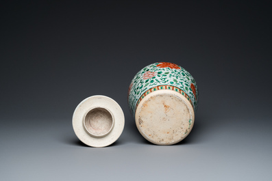 A Chinese 'peony scroll' famille verte vase and cover, Kangxi
