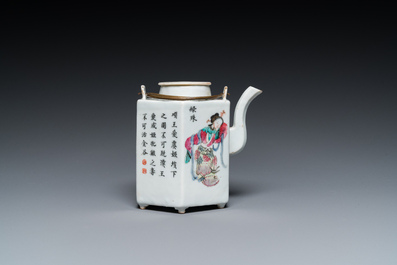 A Chinese hexagonal famille rose 'Wu Shuang Pu' teapot and cover, 19th C.