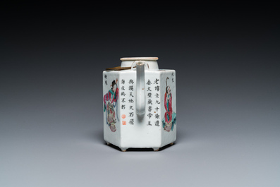 A Chinese hexagonal famille rose 'Wu Shuang Pu' teapot and cover, 19th C.
