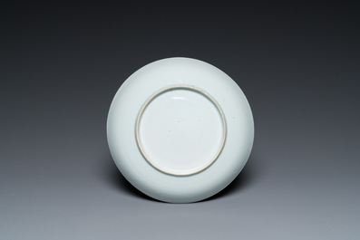 A Dutch-decorated Chinese porcelain plate with a merchant ship, Kangxi