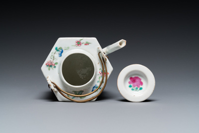 A Chinese hexagonal famille rose 'Wu Shuang Pu' teapot and cover, 19th C.