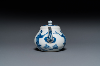A Chinese blue and white 'Long Eliza' teapot and cover, Chenghua mark, Kangxi