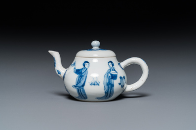 A Chinese blue and white 'Long Eliza' teapot and cover, Chenghua mark, Kangxi