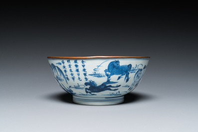 Een Chinese blauw-witte 'Acht paarden van Mu Wang' kom, Kangxi
