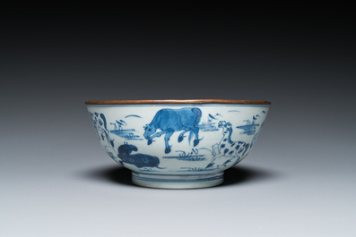 Een Chinese blauw-witte 'Acht paarden van Mu Wang' kom, Kangxi