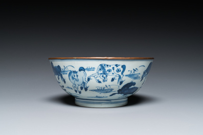 Een Chinese blauw-witte 'Acht paarden van Mu Wang' kom, Kangxi