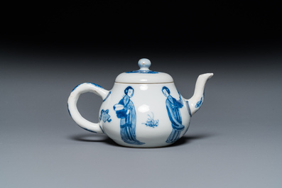 A Chinese blue and white 'Long Eliza' teapot and cover, Chenghua mark, Kangxi