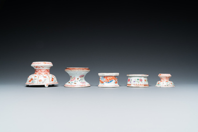 Three Chinese famille rose salts and two Dutch-decorated salts, Kangxi/Qianlong