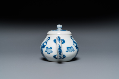 A Chinese blue and white 'Long Eliza' teapot and cover, Chenghua mark, Kangxi