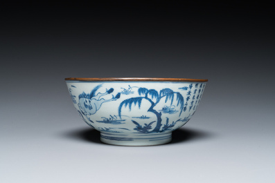 Een Chinese blauw-witte 'Acht paarden van Mu Wang' kom, Kangxi