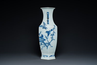 A Chinese blue and white hexagonal 'magpie and plum blossom' vase, 19th C.