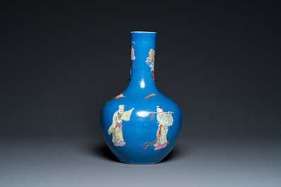 A Chinese blue-ground famille rose 'eight immortals' bottle vase, Qianlong mark, 19th C.