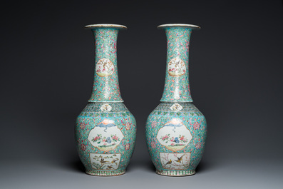 A pair of Chinese turquoise-ground famille rose vases, 19th C.