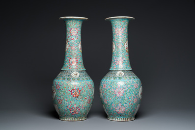 A pair of Chinese turquoise-ground famille rose vases, 19th C.