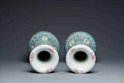 A pair of Chinese turquoise-ground famille rose vases, 19th C.