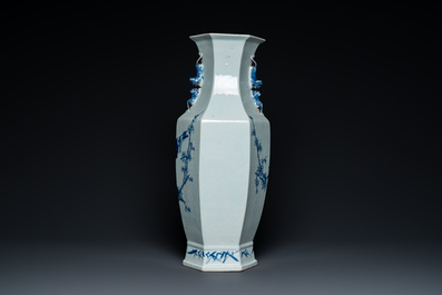 A Chinese blue and white hexagonal 'magpie and plum blossom' vase, 19th C.