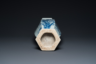 A Chinese blue and white hexagonal 'magpie and plum blossom' vase, 19th C.