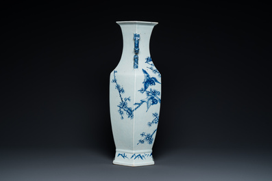 A Chinese blue and white hexagonal 'magpie and plum blossom' vase, 19th C.